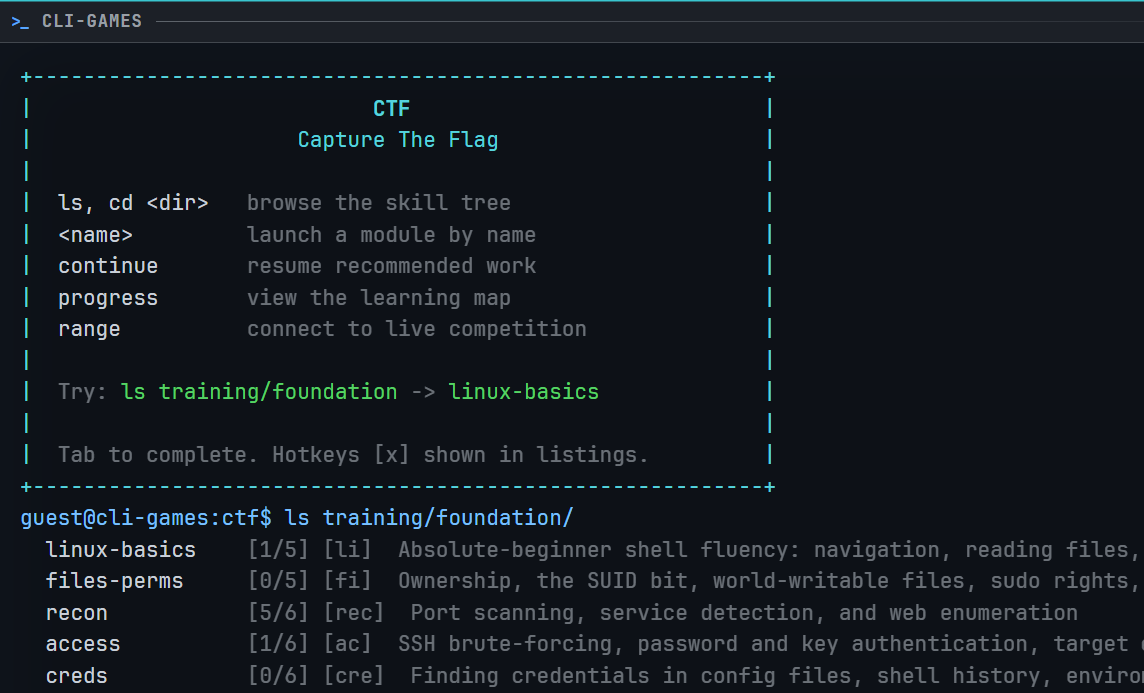 CLI-Games CTF training menu showing the open skill tree and a recommended foundation path.