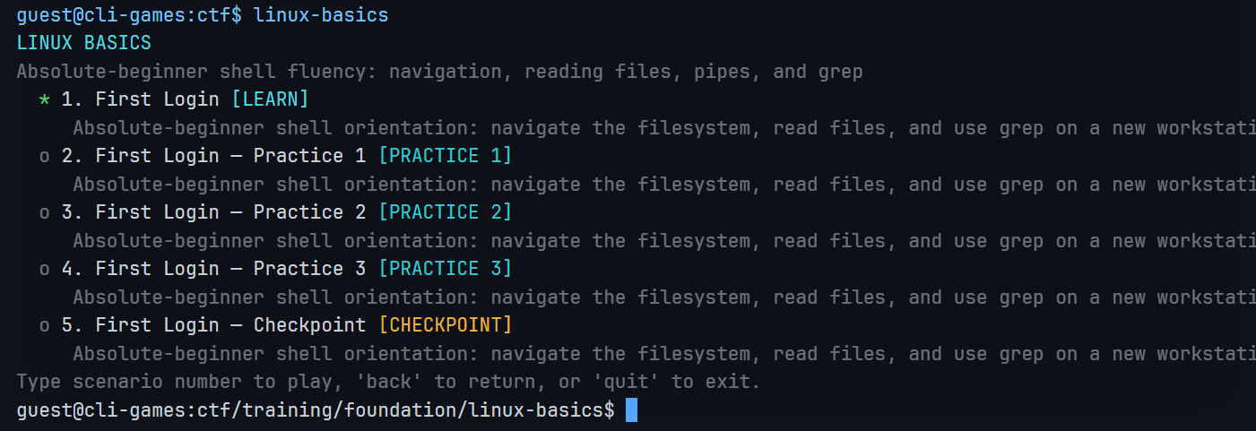 CLI-Games Linux Basics path showing a lesson, practice scenarios, and a checkpoint.