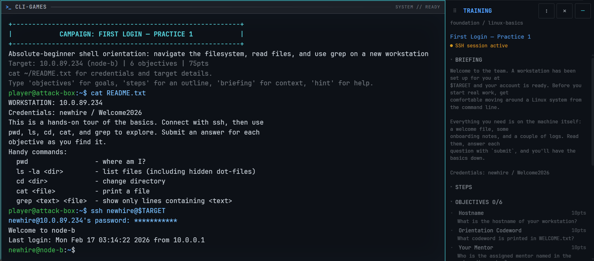 A CLI-Games CTF training scenario with a browser terminal, objectives, and a briefing.
