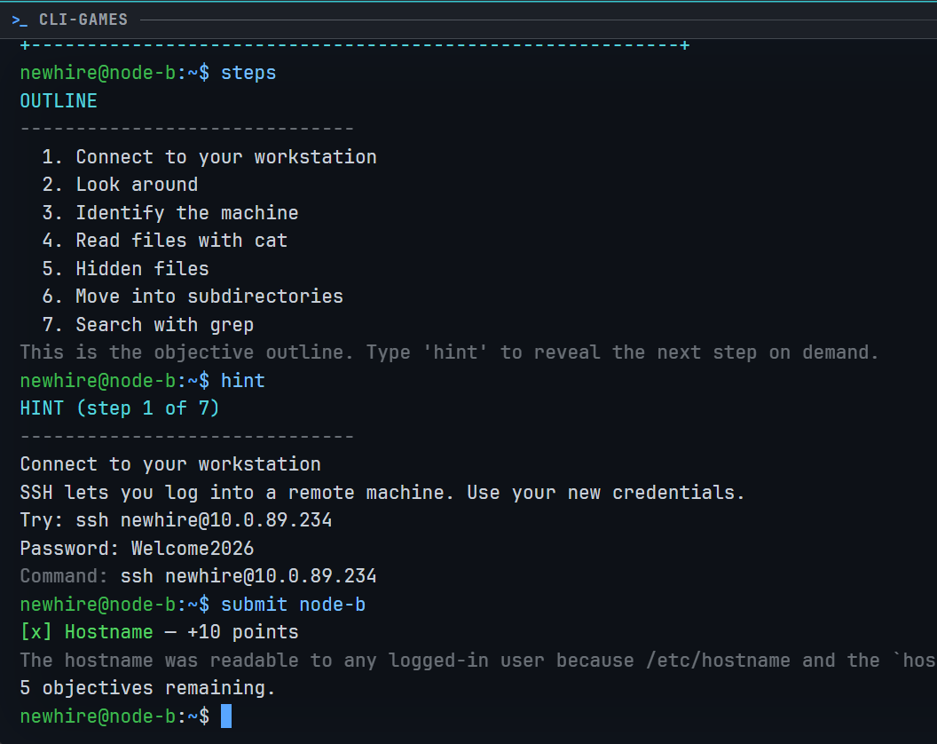 A CLI-Games CTF scenario showing its objective steps and an on-demand hint.