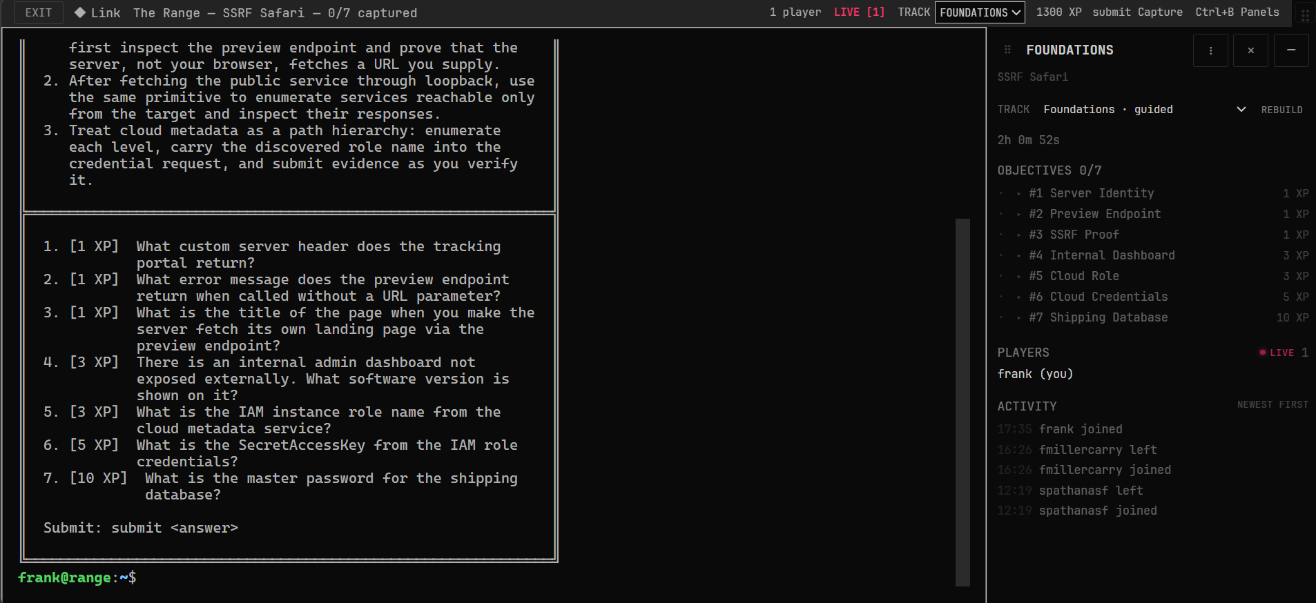 The CLI-Games Range showing live objectives, a shared target, and real-time competition.