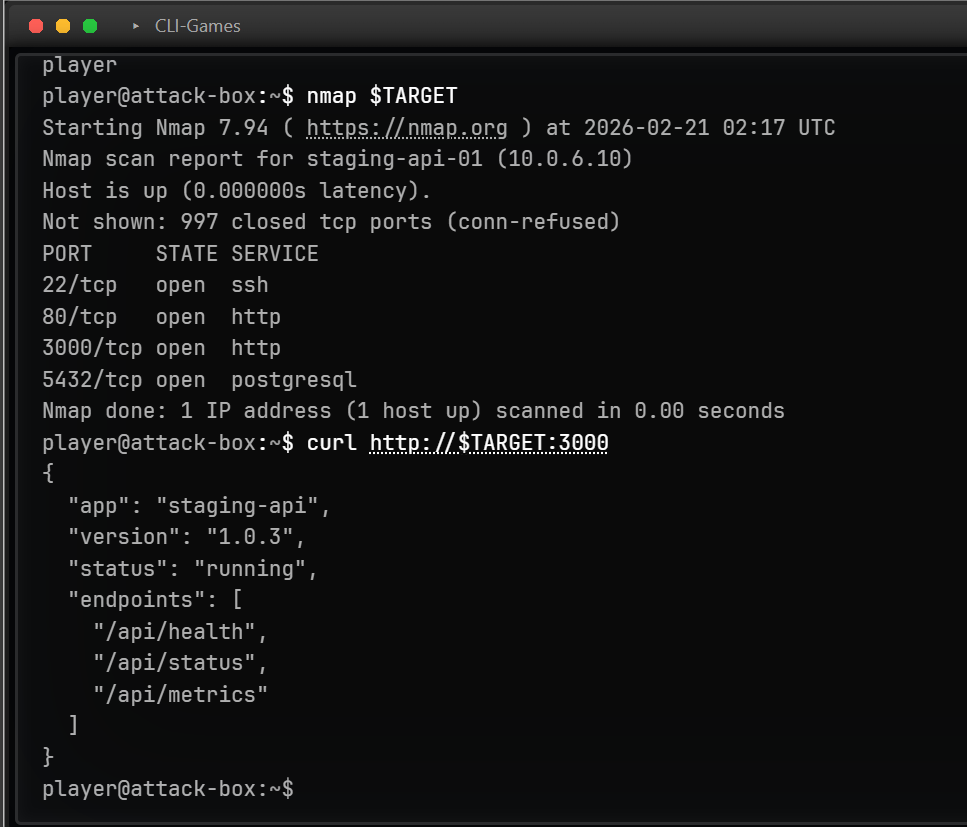 Running nmap and curl against the target to discover open ports and API endpoints