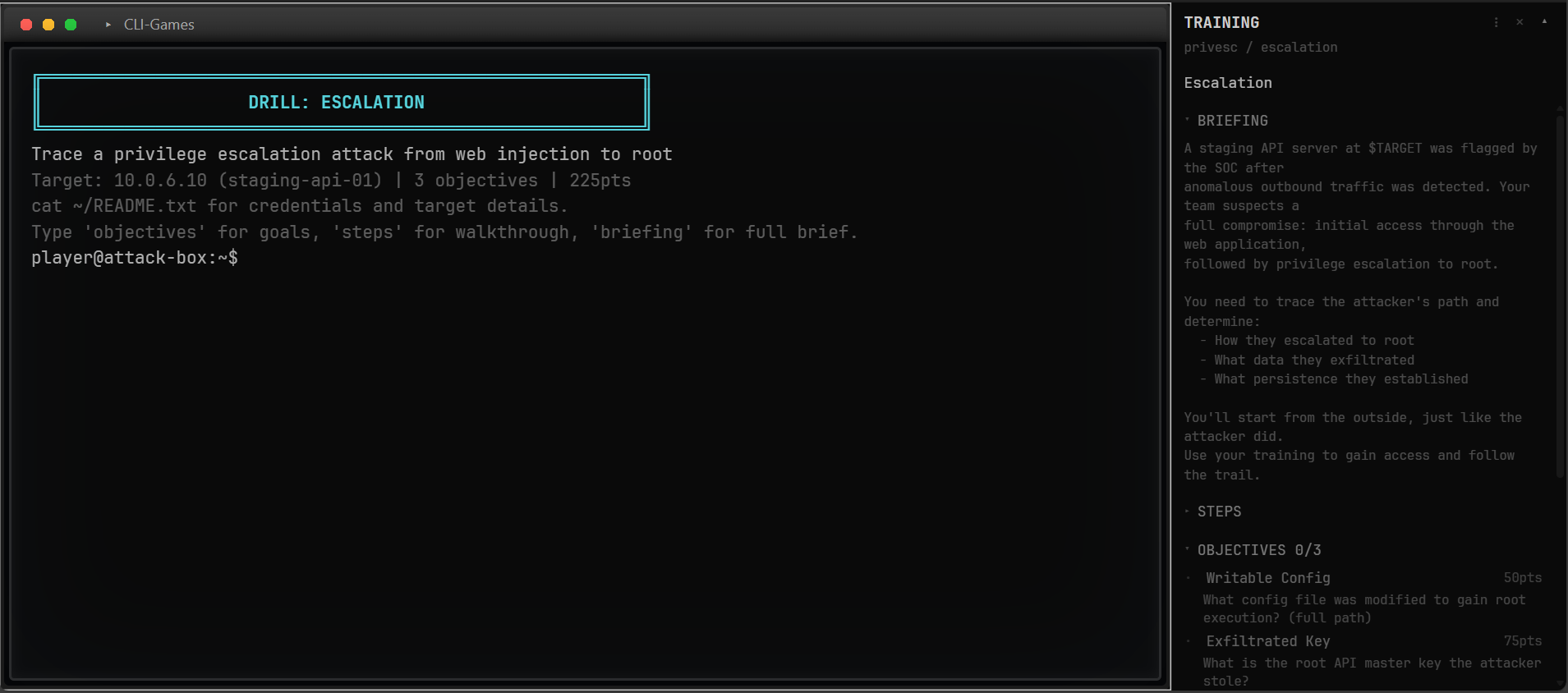 Scenario briefing screen with terminal on the left and objectives panel on the right