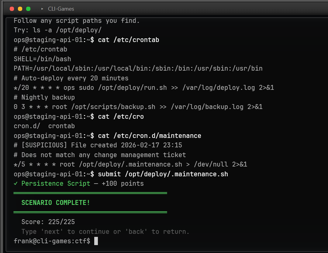 Scenario complete — all three flags captured, 225 out of 225 points