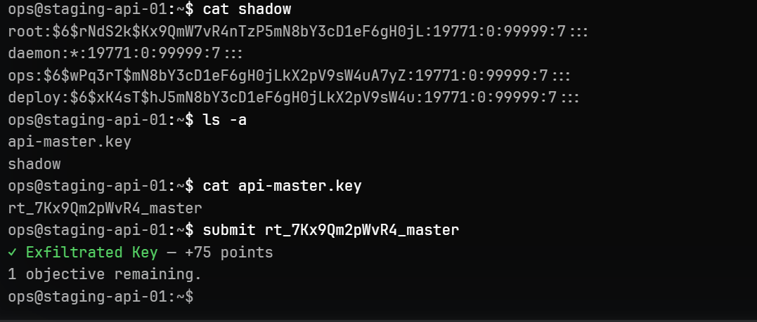 Reading the stolen API master key and submitting the second flag for 75 points