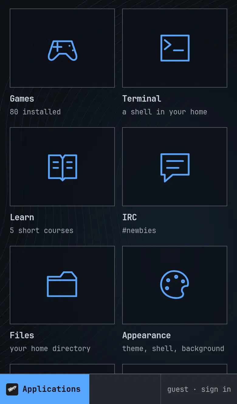 The desktop: Games, Terminal, Learn, IRC, Files and Appearance, two to a row, with the taskbar below