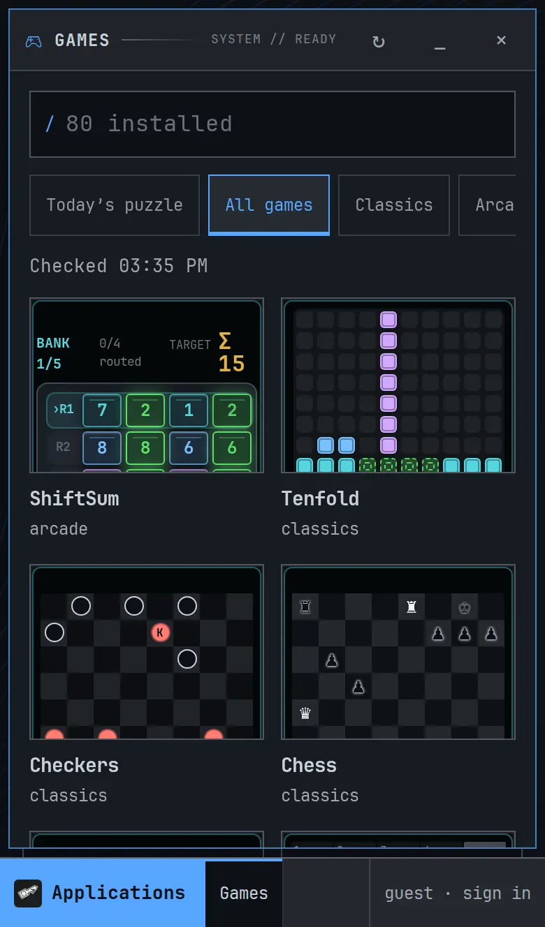 The Games window: 80 installed, with live game previews