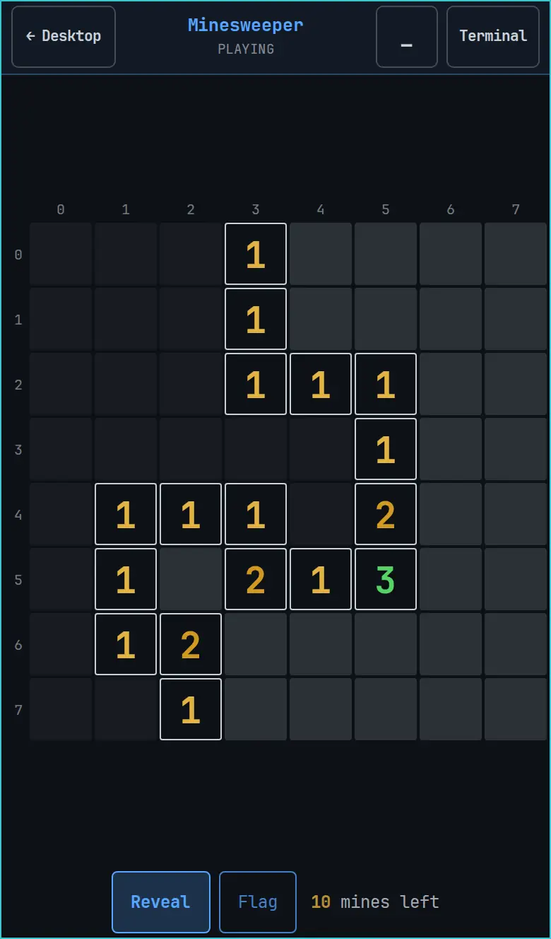 Minesweeper in the terminal window, with Reveal and Flag below the board
