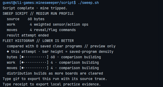 A completed Minesweeper run with its outcome, source bytes, semantic operations, moves, and comparison histogram