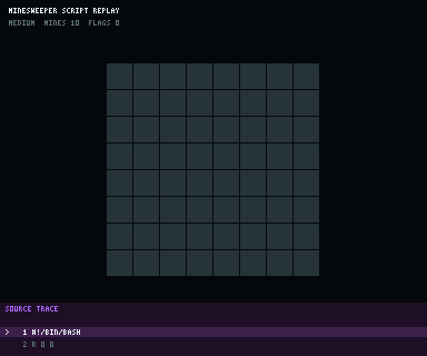 An animated Minesweeper source trace replaying the scripted corner reveals and the mine that ended the run