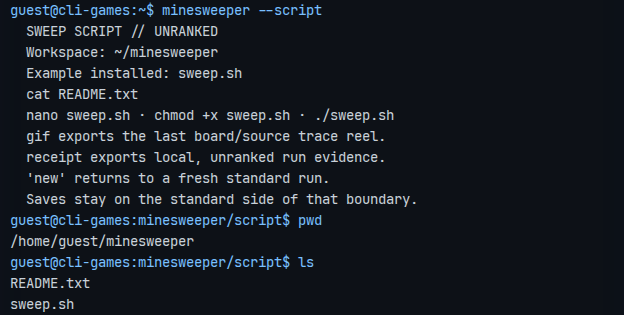 A Minesweeper scripting workspace showing its persistent path, README.txt, and supplied sweep.sh starter