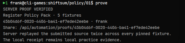A successful ShiftSum server proof showing the verified five-fixture pack, proof ID, player, and public share path