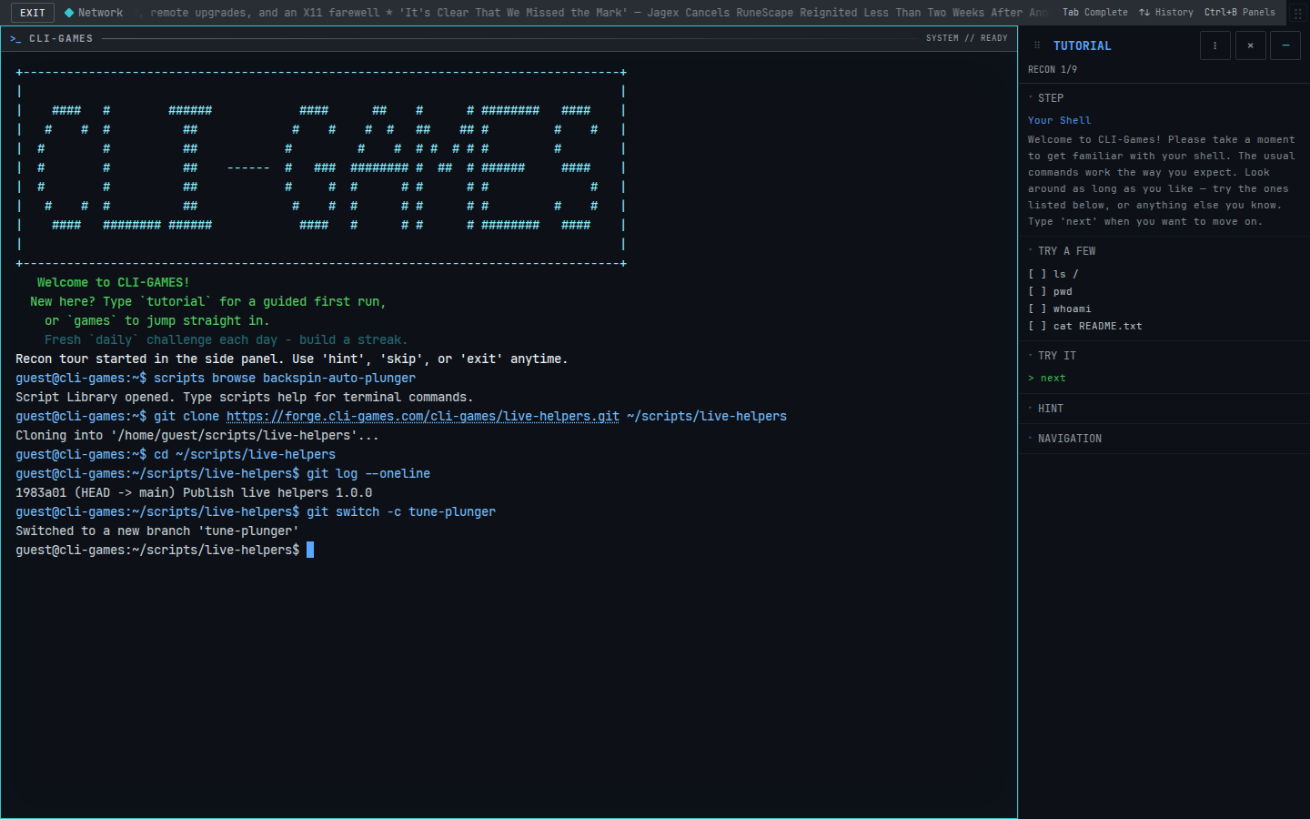 Cloning the live-helpers repository and creating the tune-plunger branch