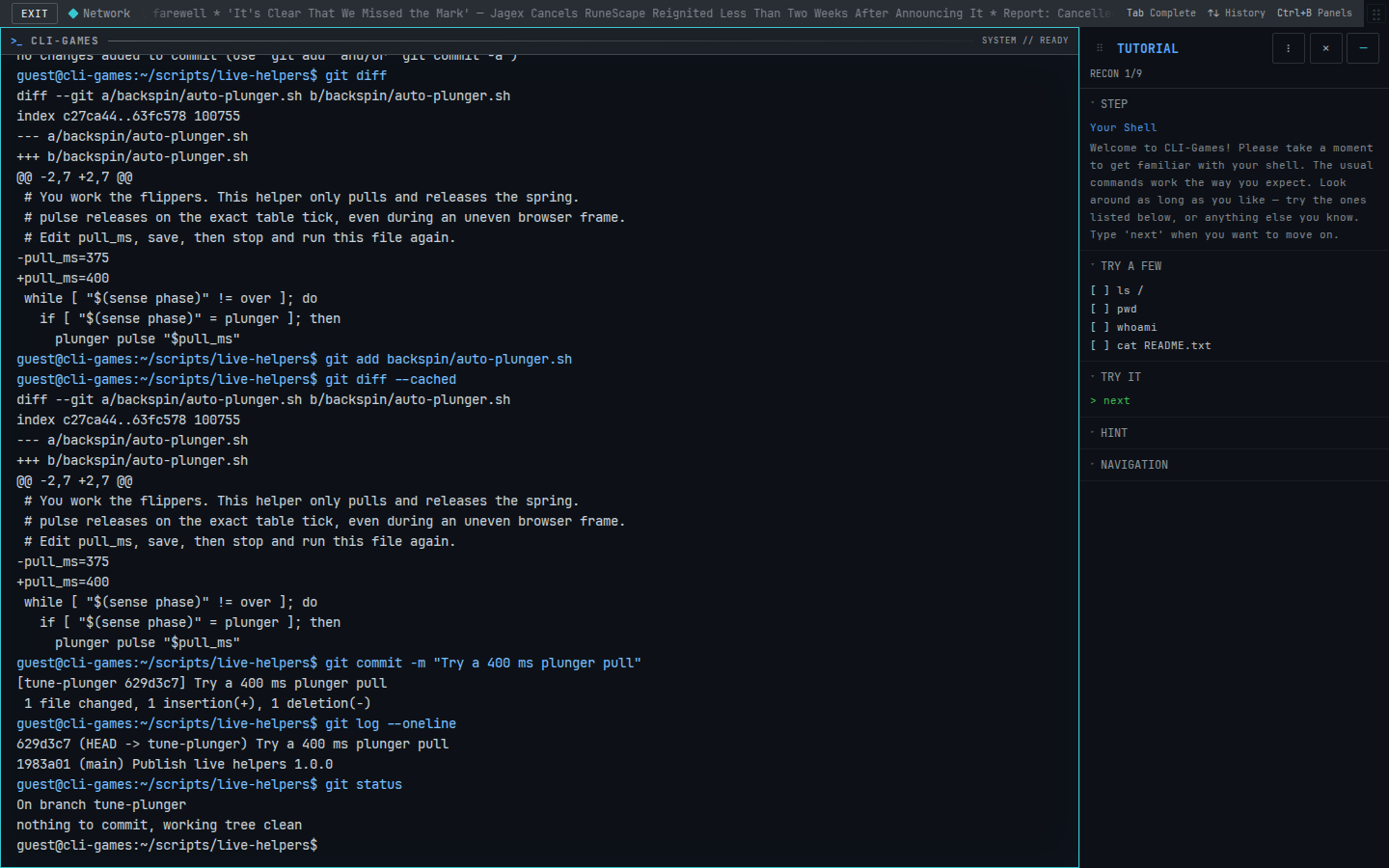 The new plunger commit in Git history and a clean working tree