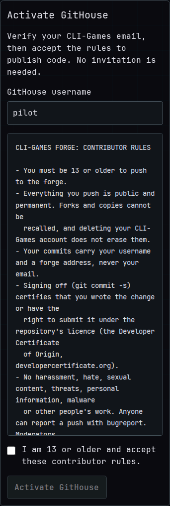 GitHouse activation with the example username pilot and an unchecked contributor agreement