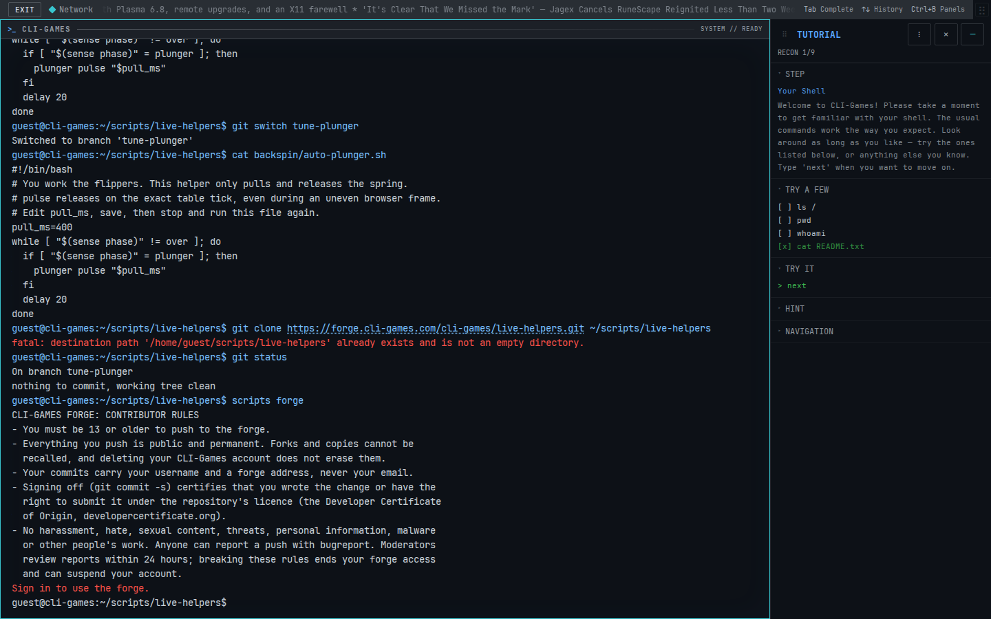 The terminal displaying the forge contributor rules