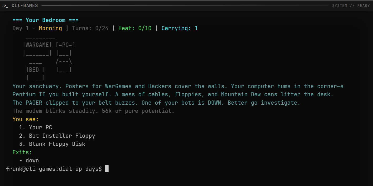 Dial-Up Days bedroom showing the Bot Installer Floppy as item two