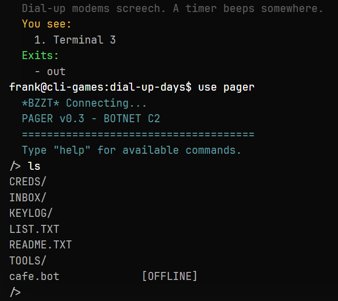 Pager filesystem listing with cafe.bot marked offline