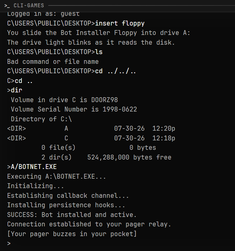 Doorz 98 terminal running A colon backslash BOTNET.EXE from the floppy