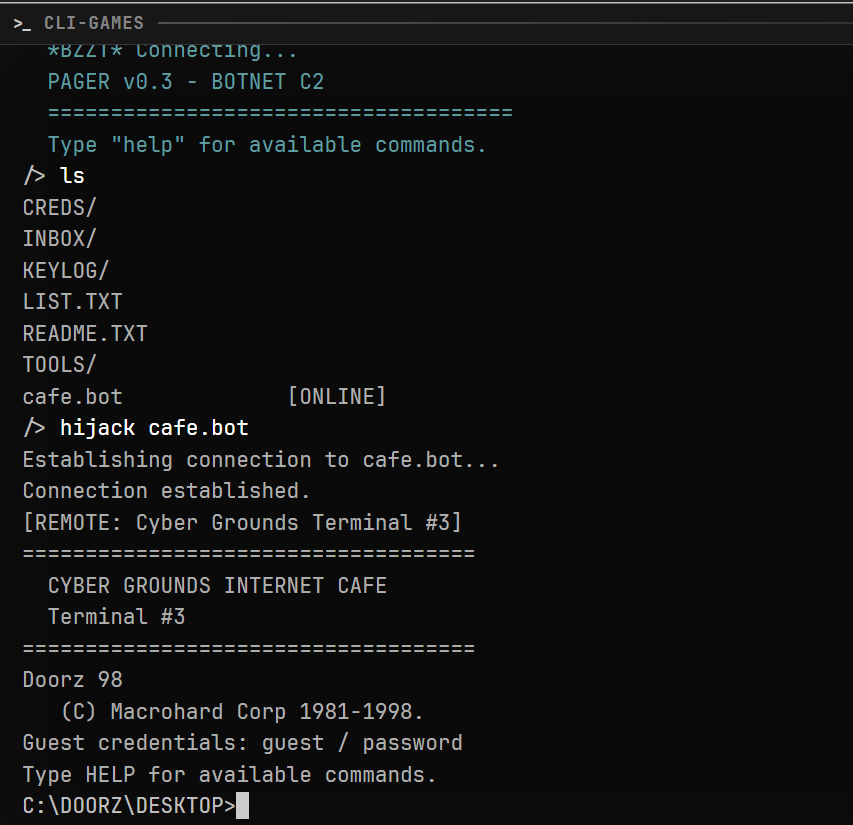 Pager showing cafe.bot online and a hijack command opening the remote cafe terminal