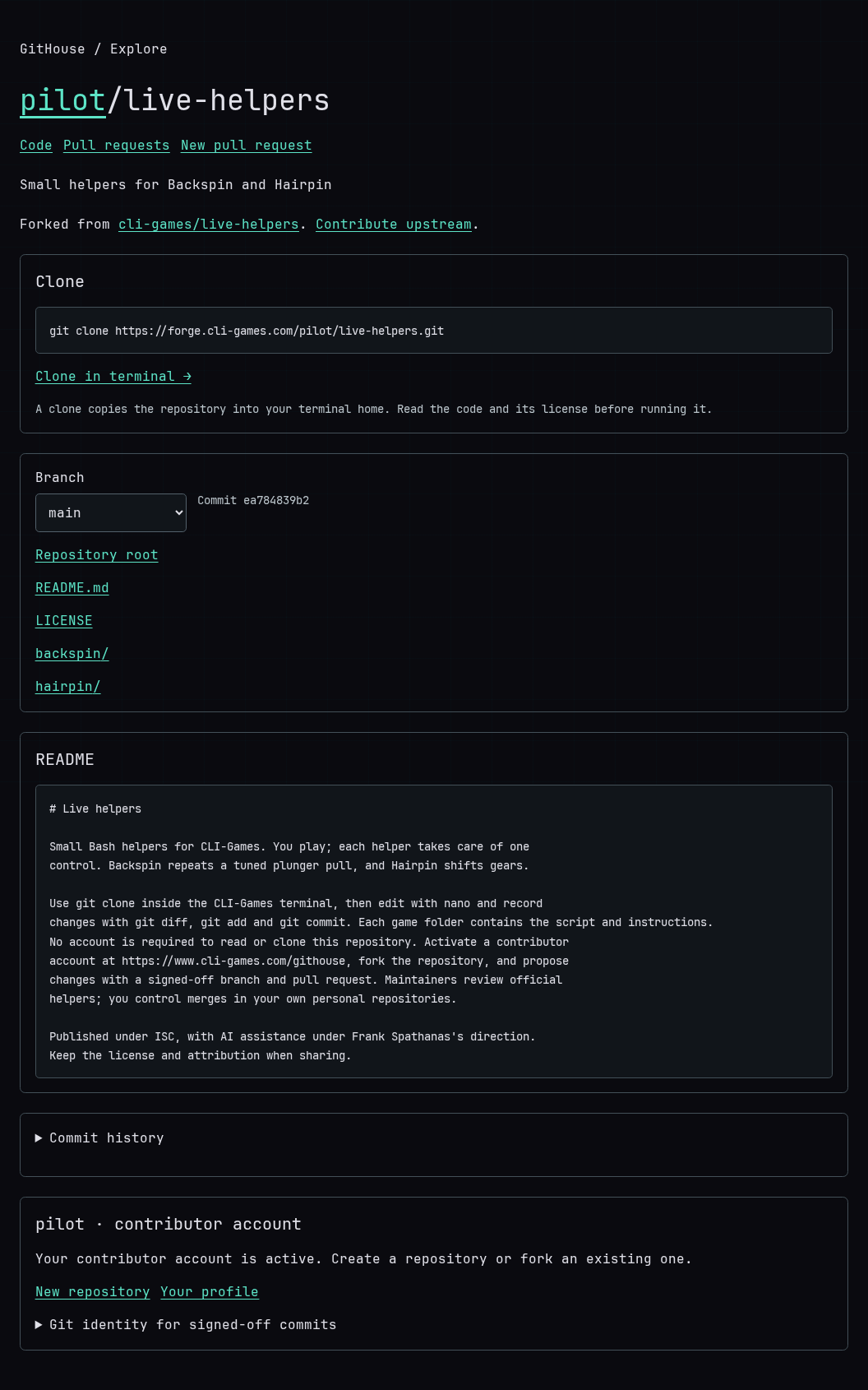 An example fork owned by pilot with its clone command and link to the original repository