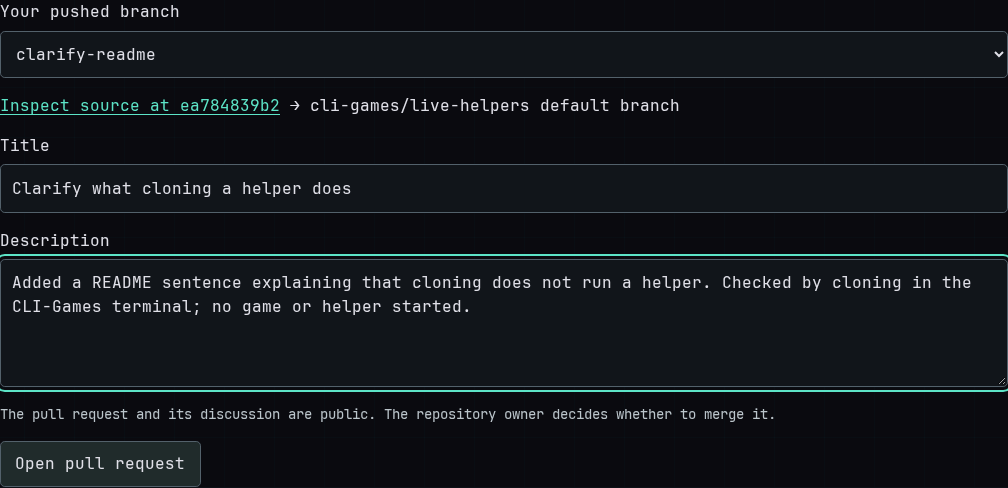 The pull request form with the example clarify-readme branch, title and description