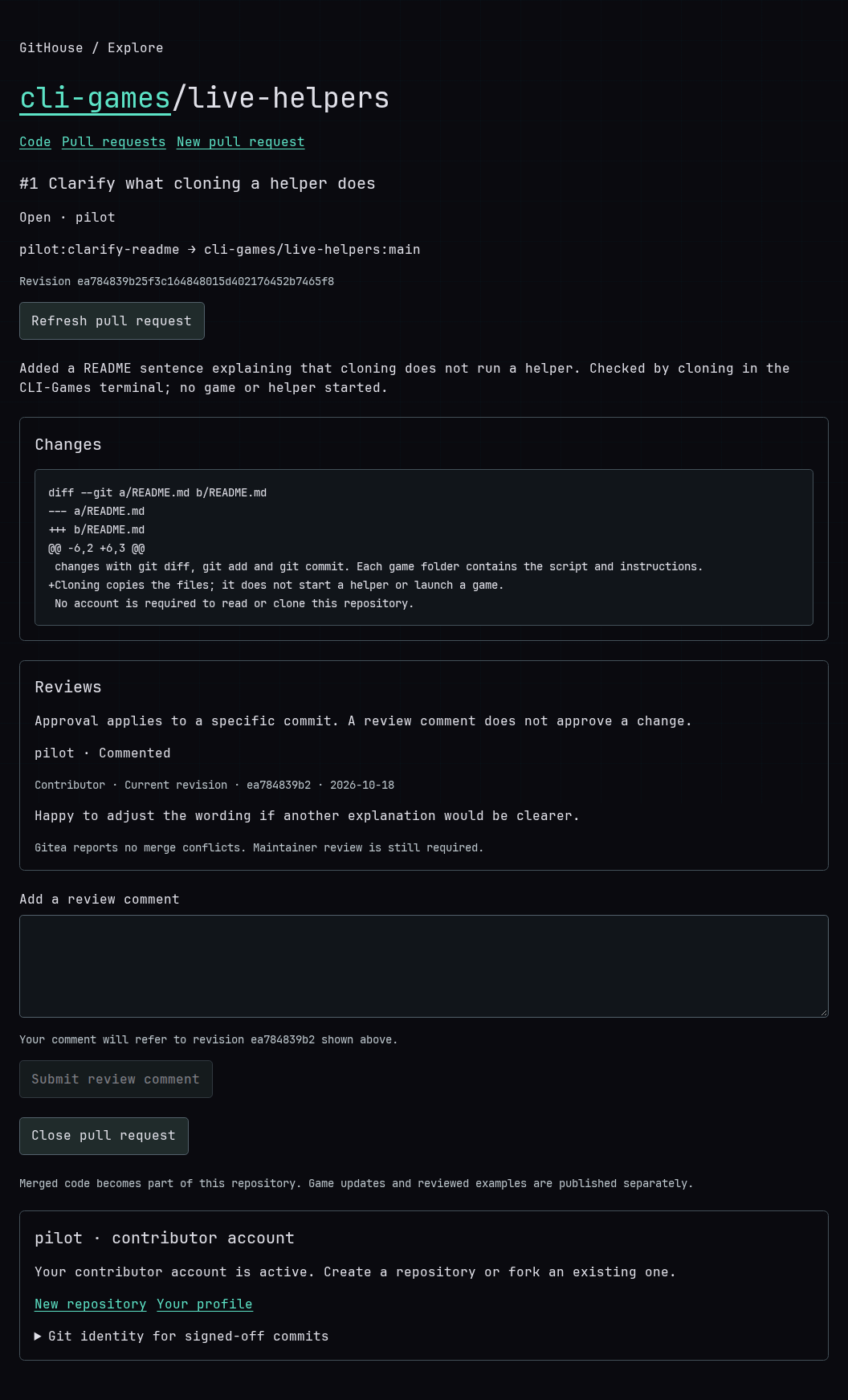 An example open pull request showing its README diff and a review comment