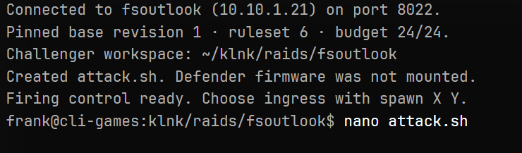 The challenger connection pinned to fsoutlook revision one and nano attack.sh ready to open