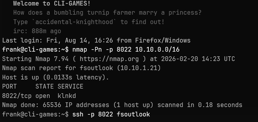 The frank account discovering fsoutlook with nmap and connecting to its port-8022 base service