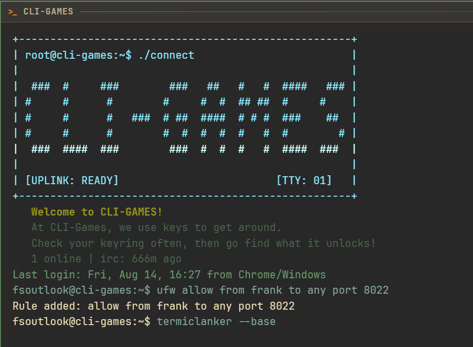 The fsoutlook account allowing frank through port 8022 and launching Termiclanker in base mode