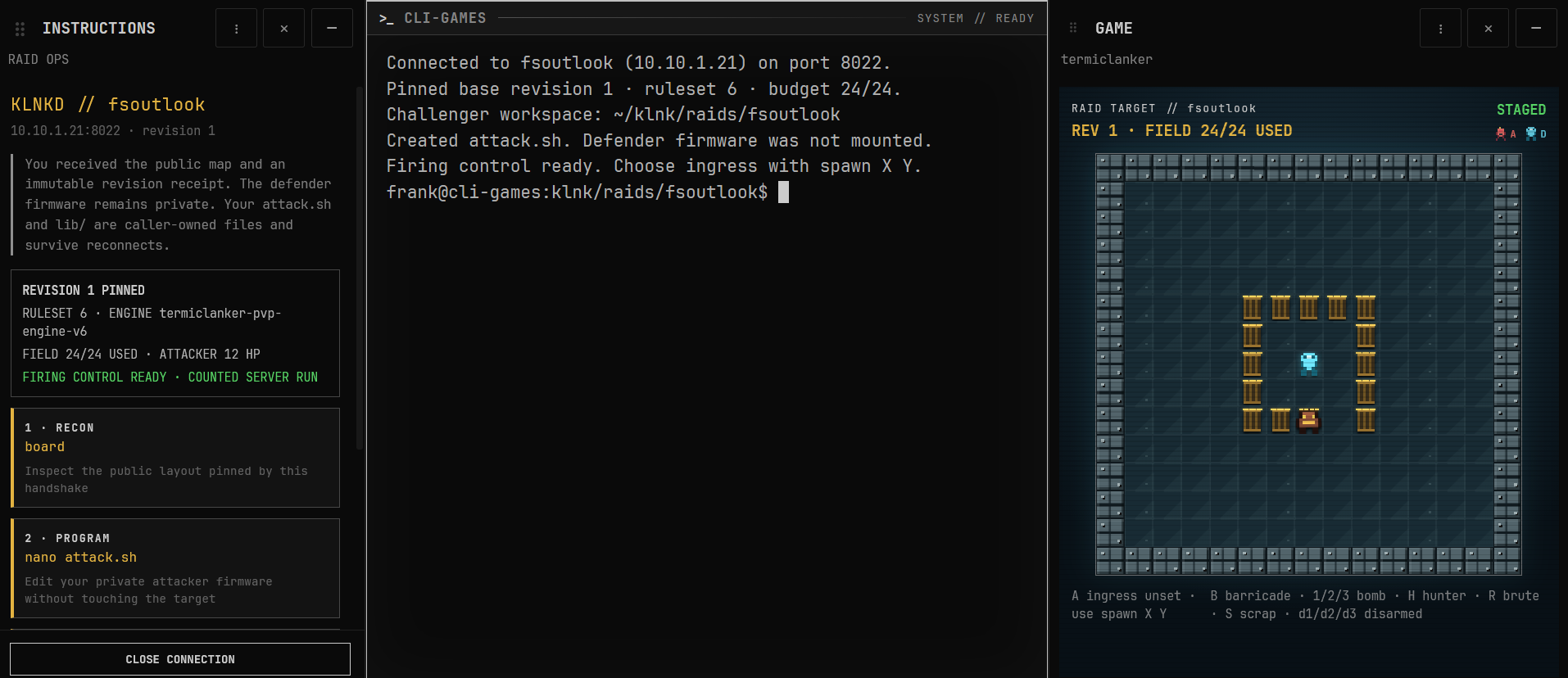 The attacker workbench showing fsoutlook's published board and private challenger workspace